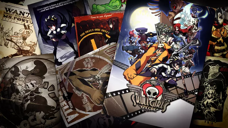 Skullgirls Encore game art showing characters on posters.