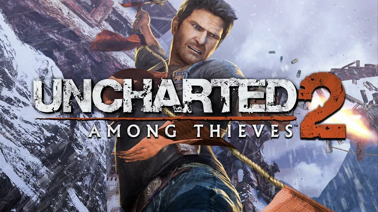 Uncharted 2: Among Thieves artwork featuring Nathan Drake hanging on a rope firing a gun