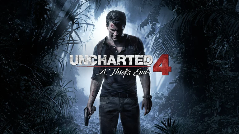 Uncharted 4: A Thief's End artwork featuring Nathan Drake holding a pistol