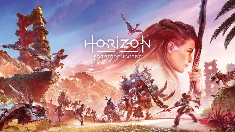Horizon Forbidden West artwork featuring Aloy facing off against robotic creatures and tribesmen
