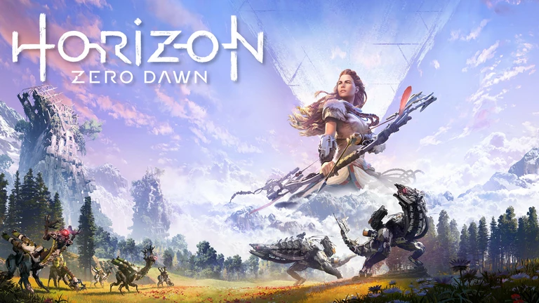 Horizon Zero Dawn game art showing a hunter fighting against machines.