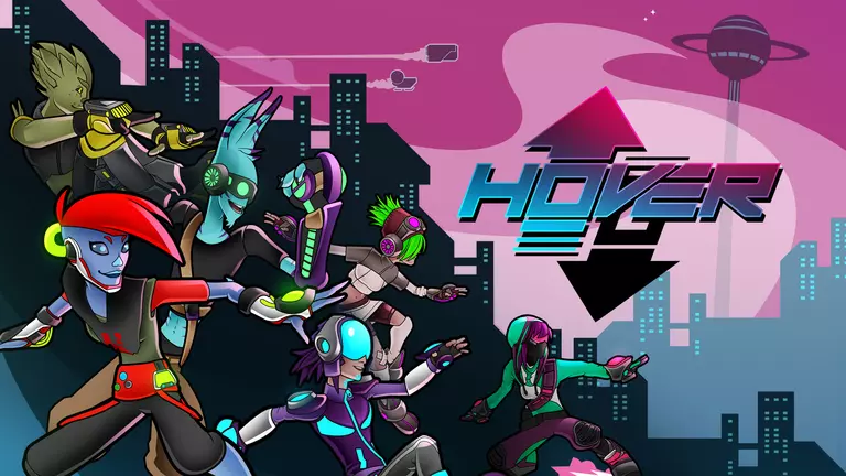 Hover game art showing characters in a big city.