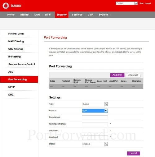 Huawei B3000 - Vodafone Port Forwarding Add