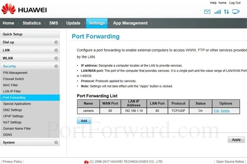 Huawei B315s-22 Port Forwarding