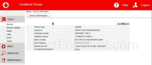 Huawei HG658G - Vodafone Device Information