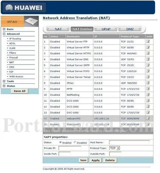 Huawei Smartax-MT-841 port forward