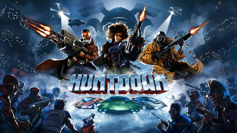 Huntdown game art showing players with their weapons and cars.