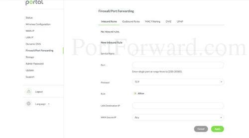 Portal AC2400 Firewall Port Forwarding Inbound Rules