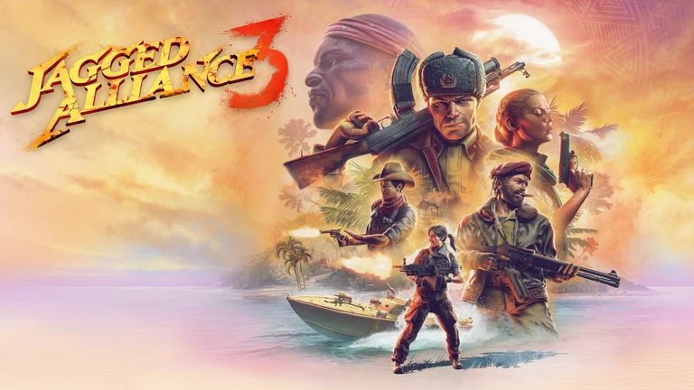 Jagged Alliance 3 game art showing characters holding weapons.