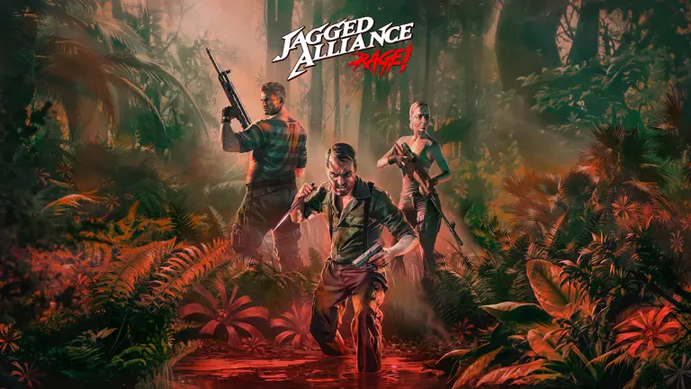 Jagged Alliance: Rage! game art showing players in the jungle.