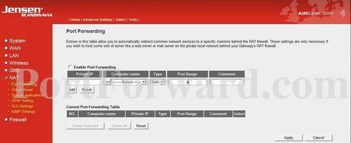 Jensen Scandinavia Airlink 59300 Router Port Forwarding Steps