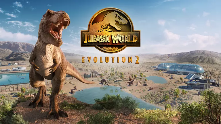 Jurassic World Evolution 2 with a T-rex walking in a game park.