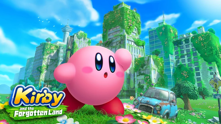 Kirby and the Forgotten Land game art showing Kirby standing in front of a city overgrown with moss and plants.