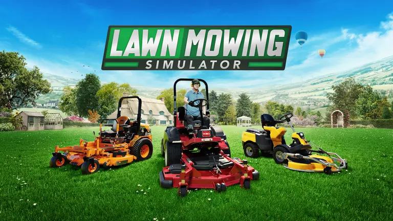 Lawn Mowing Simulator game art showing three different types of mowers.