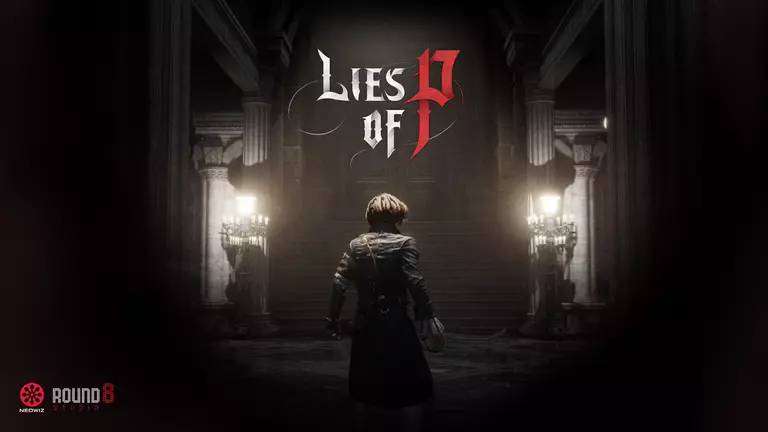 Lies of P game art showing player standing in front of a large door.