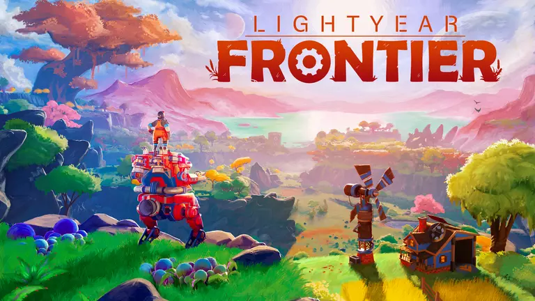 Lightyear Frontier game art showing a valley, lake, and colorful trees.