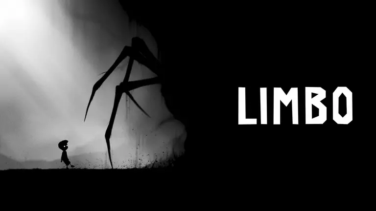 Limbo logo with silhouette of giant spider legs and small boy