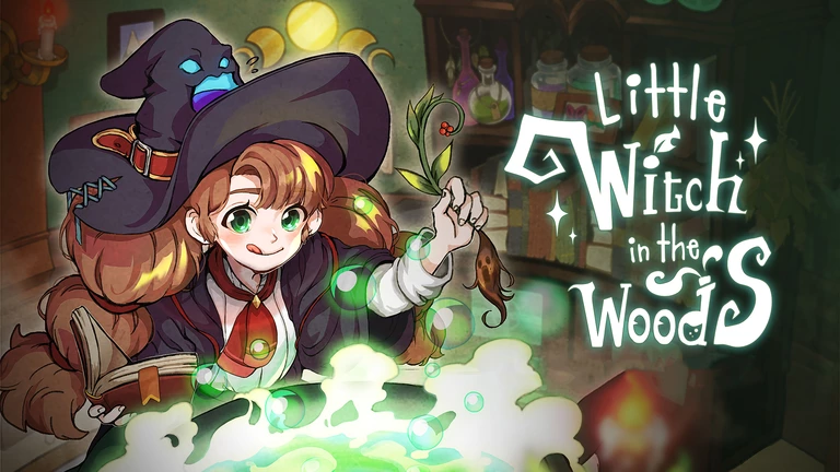 Little Witch in the Woods game art showing a witch making a magic potion.