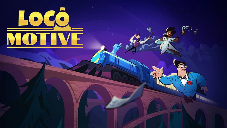 Loco Motive game artwork showing the characters Arthur, Diana, and Herman jumping from a train