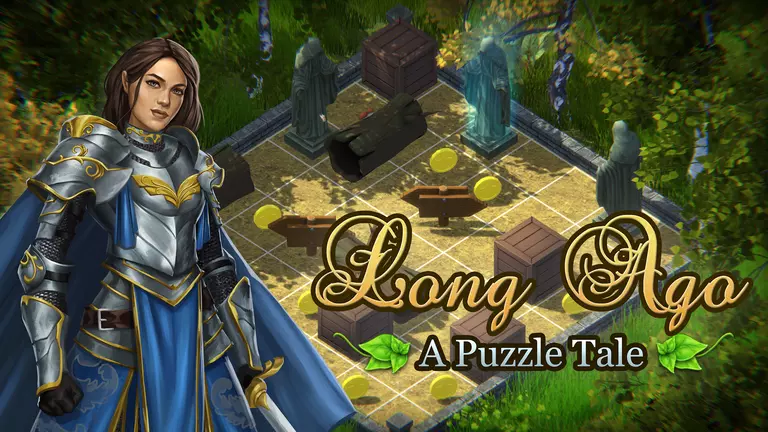 Long Ago: A Puzzle Tale game art showing player with a puzzle in the background.