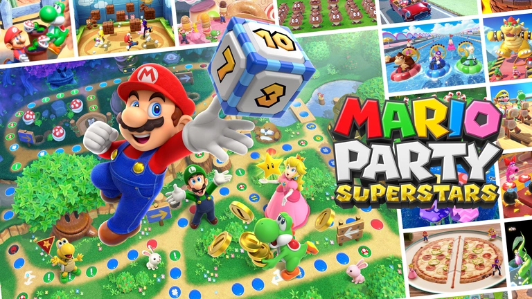 Mario Party Superstars game art showing Mario, Luigi, Princess Peach, and Yoshi.