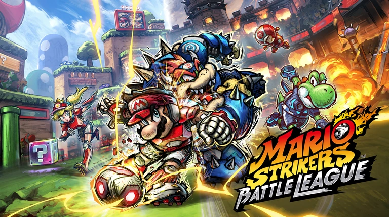 Mario Strikers: Battle League artwork featuring various Nintendo characters playing a fierce game of Strike