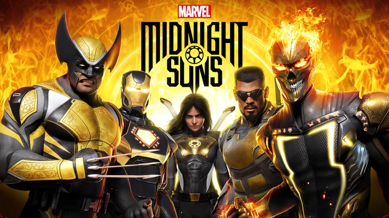 Marvel's Midnight Suns artwork featuring Wolverine, Iron Man, The Hunter, Blade, and Ghost Rider