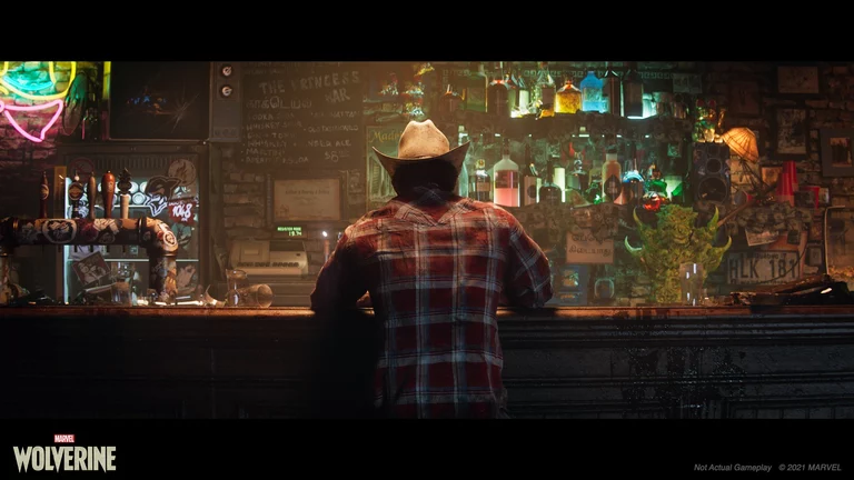 Marvel game art showing wolverine standing at a bar.