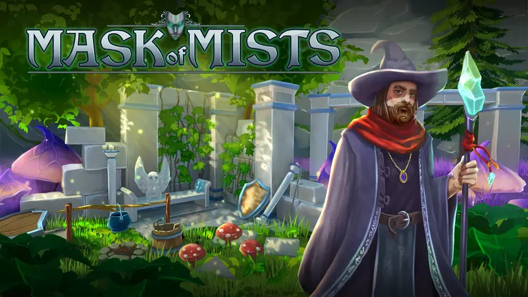 Mask of Mists wizard standing with a stash of magical items.