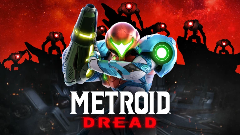Metroid Dread artwork featuring Samus facing robotic enemies on the planet ZDR