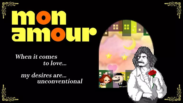 Mon Amour game art showing player kissing a princess.