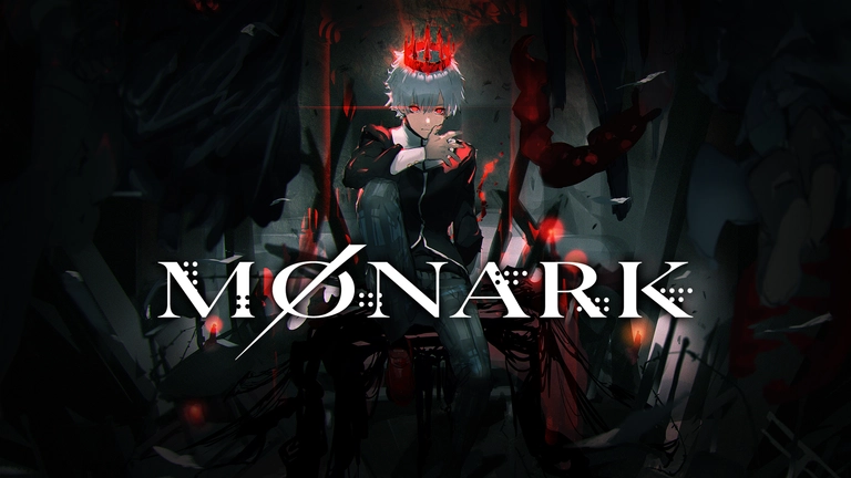 Monark game art showing player sitting on a throne wearing a red crown.