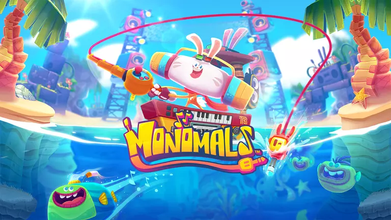 Monomals game art showing a character making music while fishing.