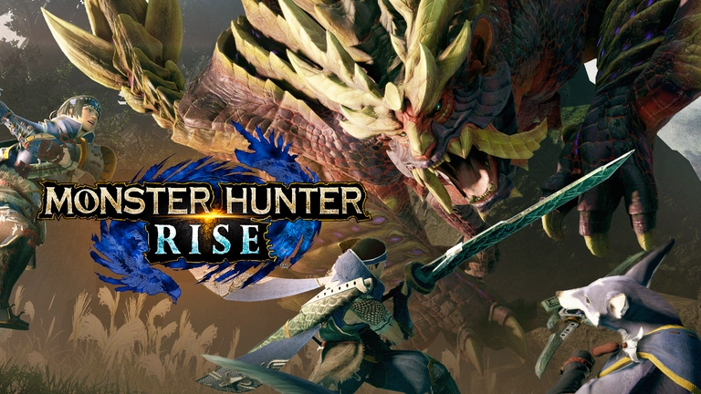 Monster Hunter Rise artwork featuring Magnamalo charging at some hunters