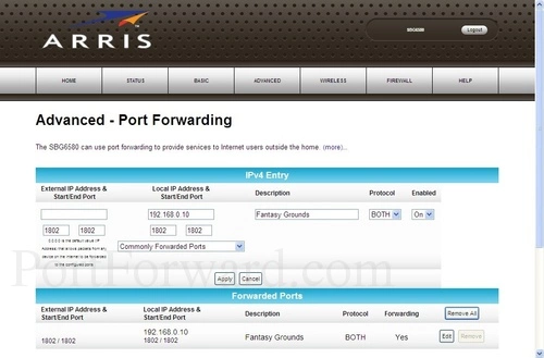 Motorola SBG6580 - Arris Port Forwarding - Add