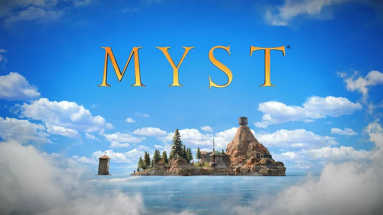 Myst (2020) game art showing an island with trees and buildings.