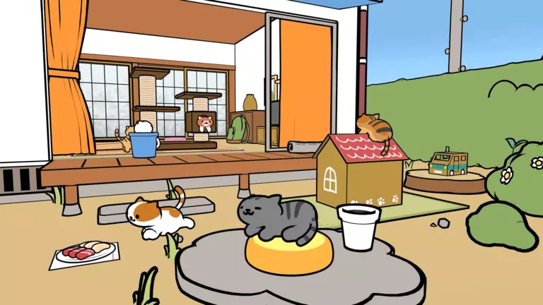 Neko Atsume VR game art showing happy cats hanging out in a house.