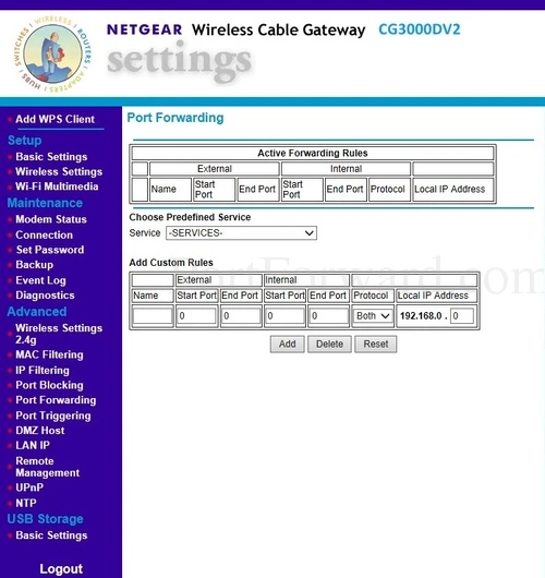 Netgear CG3000DV2 Port Forwarding
