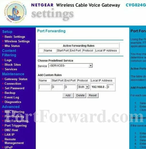 Netgear CVG824G port forward