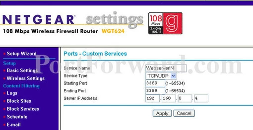 Netgear WGT624v3 port forward