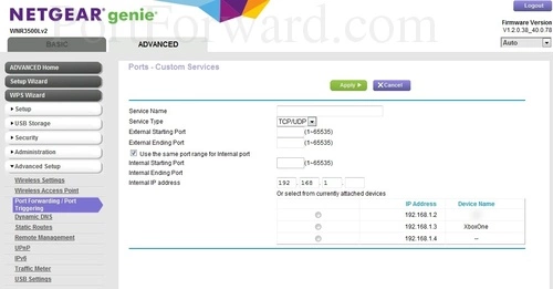 Netgear WNR3500Lv2 Port Forwarding Add Custom Service