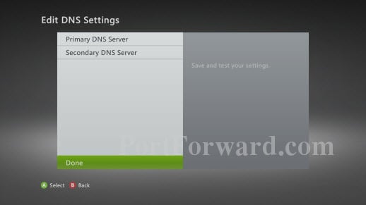 Xbox 360 Edit DNS Settings Screen Highlighted Done