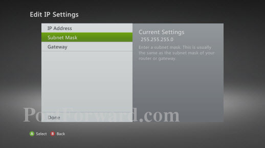 Xbox 360 Edit IP Settings Screen Highlighted Subnet Mask