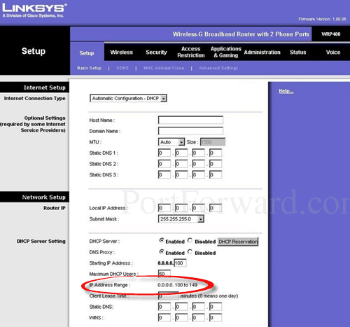 linksys dhcp range with circle