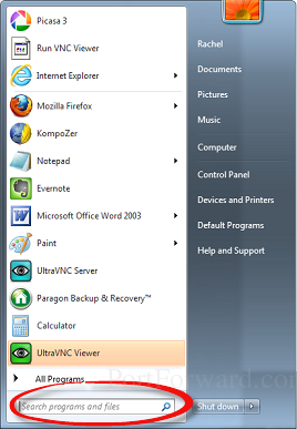 start menu dialog box with circle