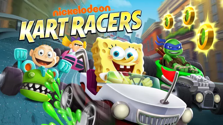 Nickelodeon Kart Racers game artwork featuring Tommy, Helga, SpongeBob, and Leonardo