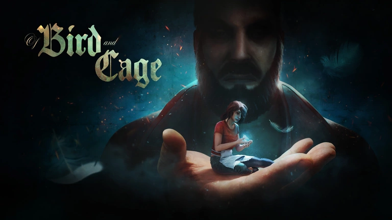 Of Bird and Cage game art showing a character sitting in the palm of another character.