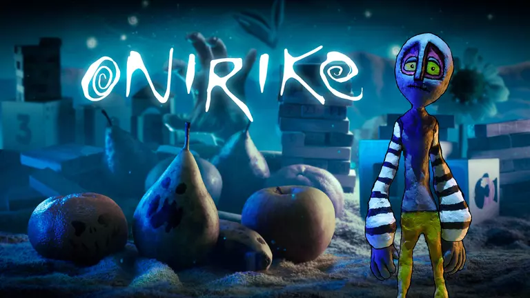 Onirike game character standing in front of fruit and wooden blocks.