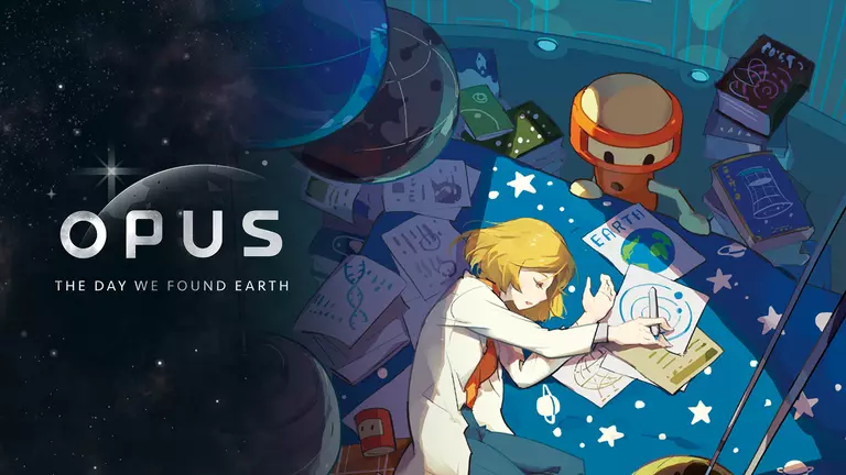 OPUS: The Day We Found Earth characters surrounded by research manuals and books.