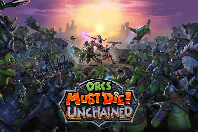 Orcs Must Die! Unchained game art showing characters fighting against a crowd of orcs.